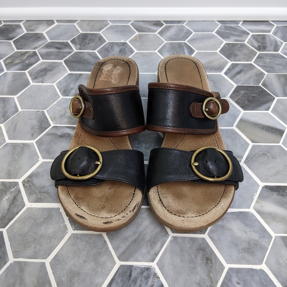 Dansko Lenny Double Strap Black Brown Leather Gold Buckle Block Heel San… - Picture 1 of 7